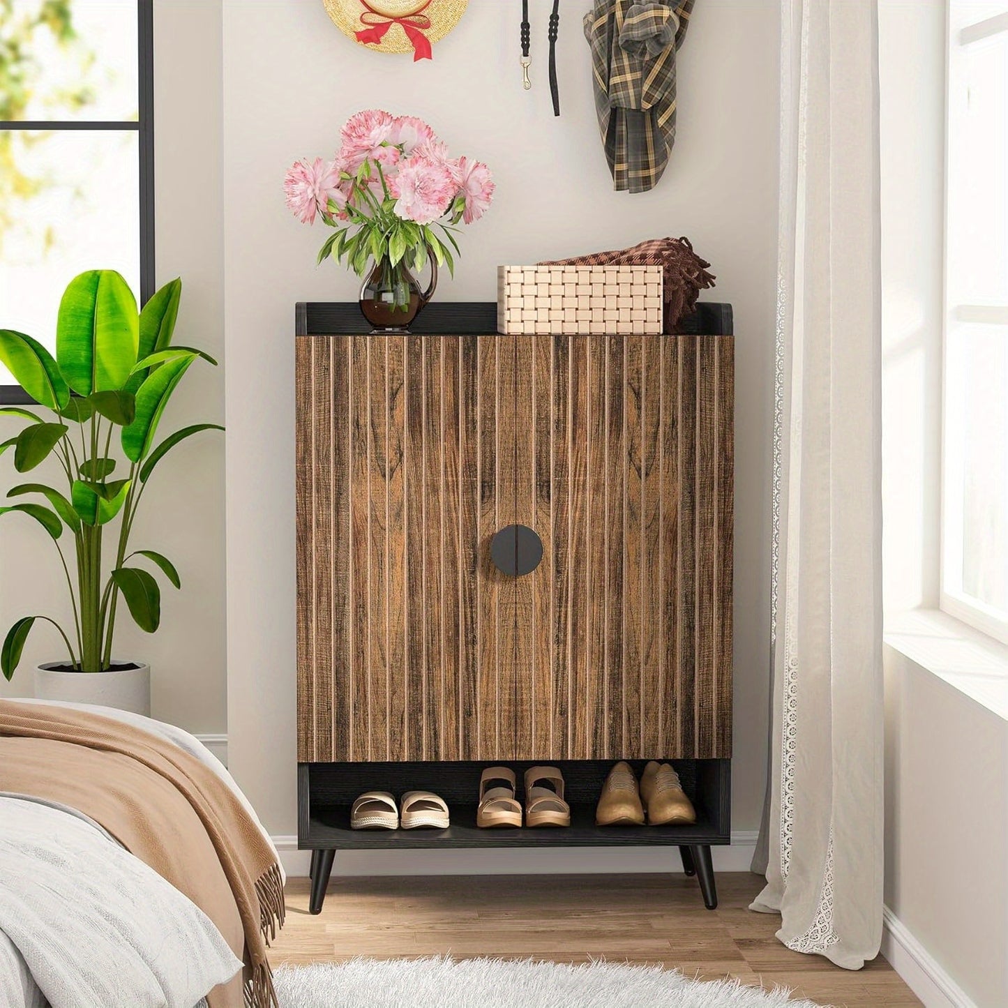 Schoenenkast Met Deuren – Schoenenrek – Schoenopberger – Schoenentrek – Schoenenschuif – 7-Lagen Met Verstelbare Planken – Rustiek Bruin Hout