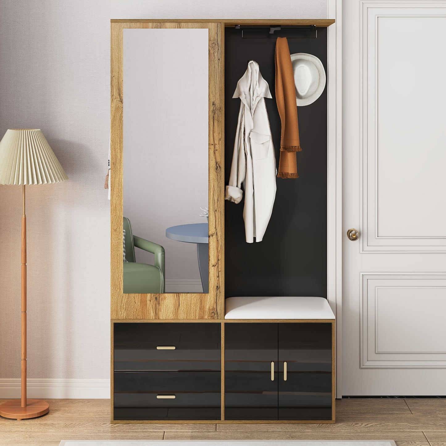 Kledingkast – Kledingkasten – Garderobekast – Opbergkast – Schoenenkast – Compleet Set Wit Houtkleur – Spiegel Inclusief – Uitschuifbare Kledingrail