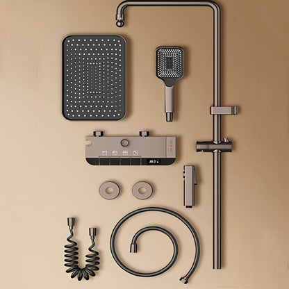 A Set of Brass Gun Gray Household Shower Head Kit. Intelligent Boosting System. Piano Button. LED Intelligent Thermostat. Four-Function Handheld Shower. Bathroom Shower Kit.