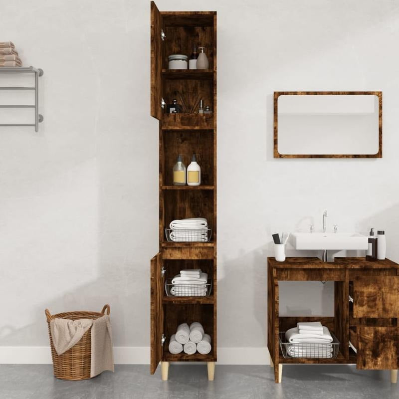 Opbergkast – Kast – Opbergmeubel – Bergkast – Badkamerkast – Smoked Oak – Verticale Design – 30x30x190 cm – Gemaakt Van Geengineerd Houten