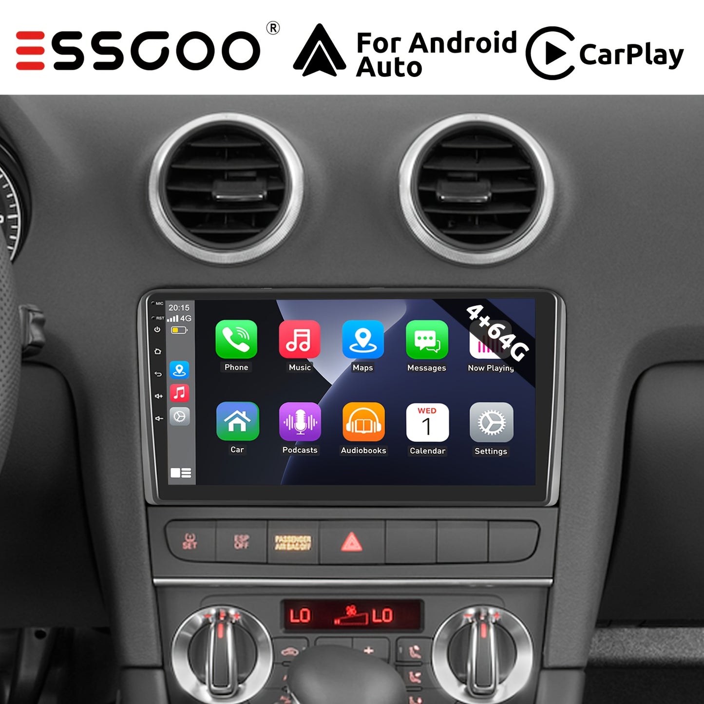 ESSGOO Wireless Carplay und Android AutoATORADIO for AUDI A3 S3 RS3 2008-2012, 22.86 cm Touchscreen with B-T Radio, Android 14 FM RDS GPS USB WiFi Navigation, Incar Connectivity, Car Entertainment System, Sleek Dashboard Unit
