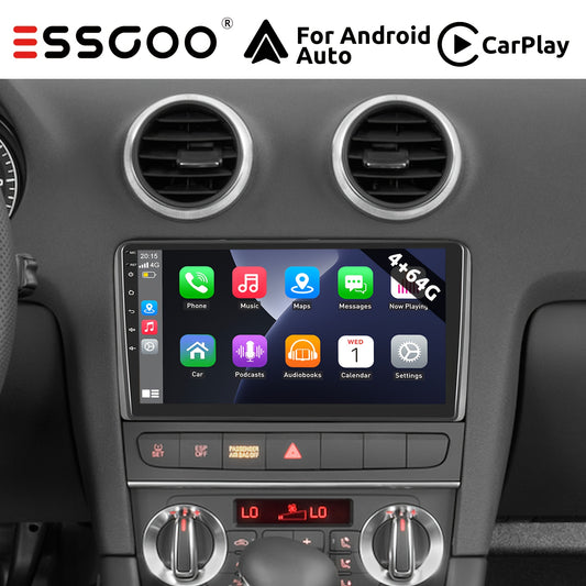 ESSGOO Wireless Carplay und Android AutoATORADIO for AUDI A3 S3 RS3 2008-2012, 22.86 cm Touchscreen with B-T Radio, Android 14 FM RDS GPS USB WiFi Navigation, Incar Connectivity, Car Entertainment System, Sleek Dashboard Unit