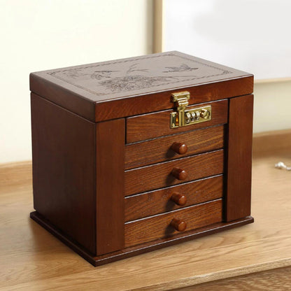 Goodslinesshop WooDerson 5-Tier Brown Wooden Jewelry Box with Password Lock & Carvings Design - 4-Drawer Large Capacity Jewelry Organizer with Mirror, Soft Lining & Golden-Toned Hardware, Elegant Desktop Storage for Earrings,