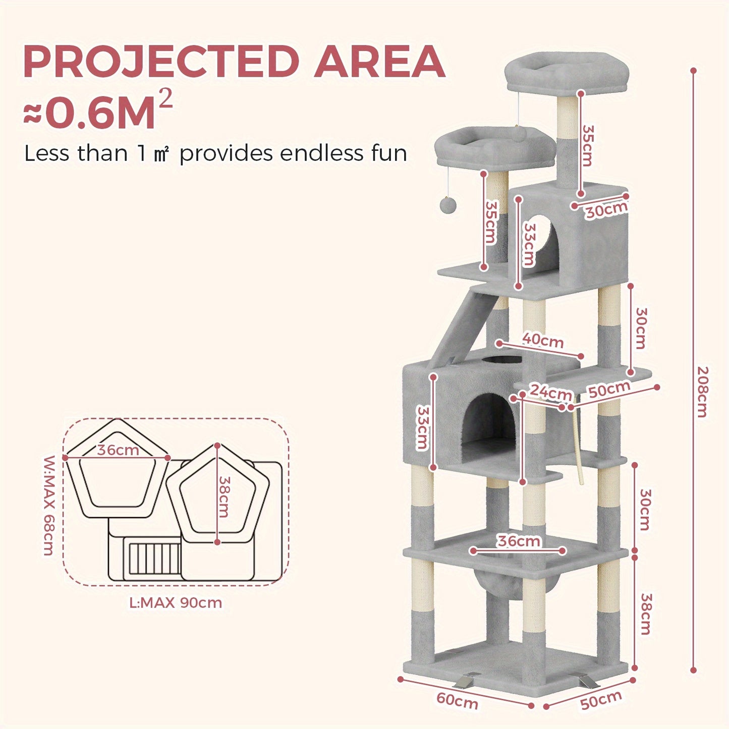 Krabpaal – Kattenkrabpaal – Kattenboom – Krabmeubel – Kattenhuis – Extra Groot – Anti-Kantel Met Verstervingsclips – 208 cm Hoog