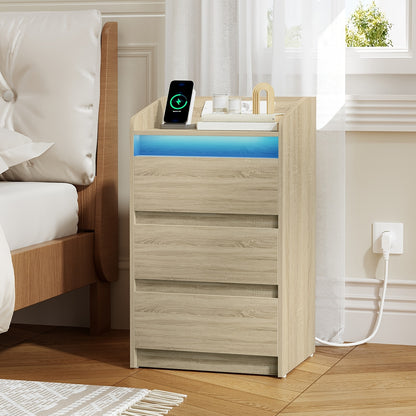 nachtkastje – bijzettafel – nachtkastje met lade – slaapkamertafel – nachtkastje set – oplaadstation met 2 USB en 2 stopcontacten – 3 grote lades – LED-verlichting – zwart – 35x40x68 cm – spaanplaat