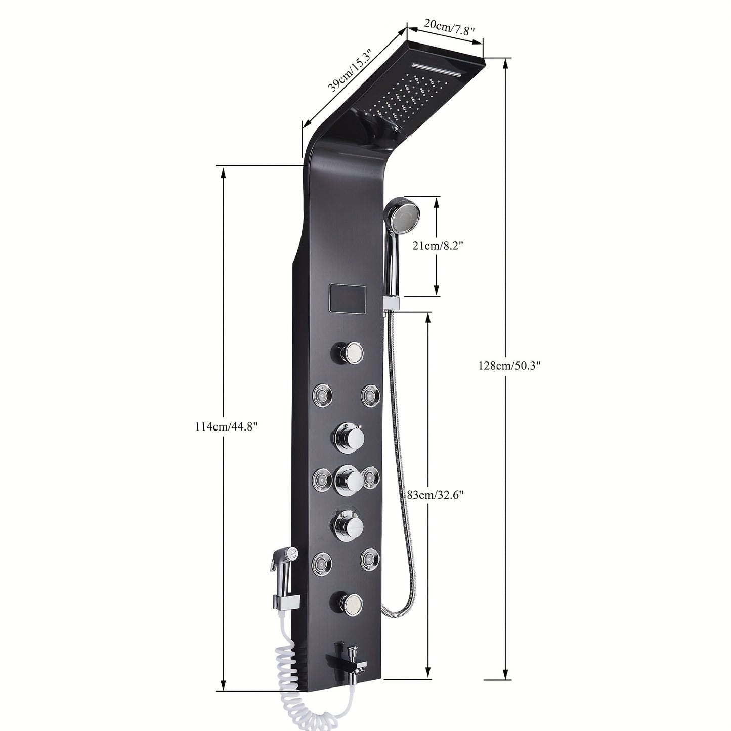 1 Set Modern Black Stainless Steel Shower Panel Tower System - 5-in-1 Rainfall Shower Head with Massage Jets, Wall-Mounted Bath Spout & Adjustable Massage Settings, Contemporary Bathroom Fixture for Spa-Like Experience (No Ba