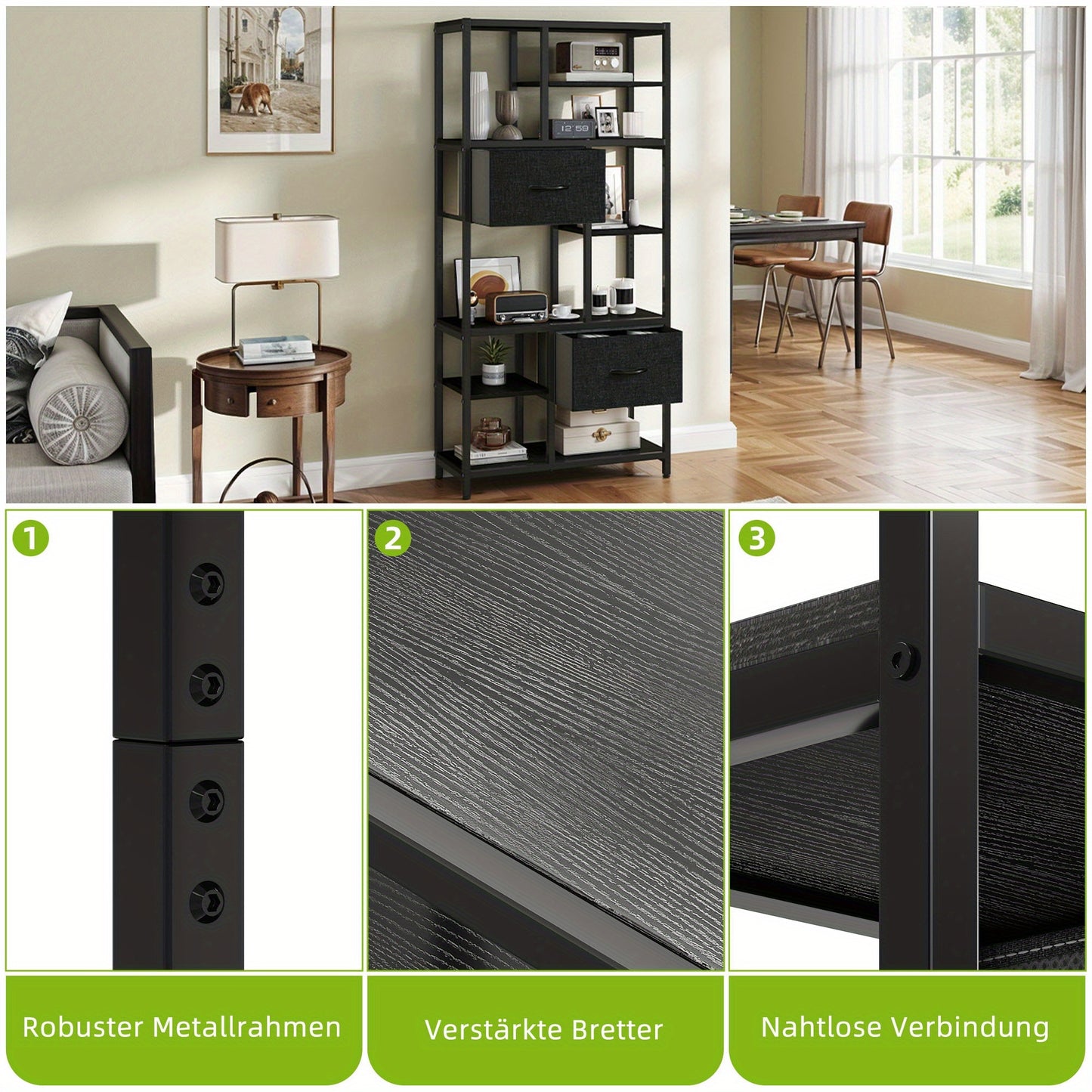 7-Laags Boekenkast – Boekenkast Met Lades – Smalle Boekenkast – Opbergkast – Vakkenkast – Industrieel Design – Stalen Frame & Houten Planken – Vrijstaand En Ruimtebesparend