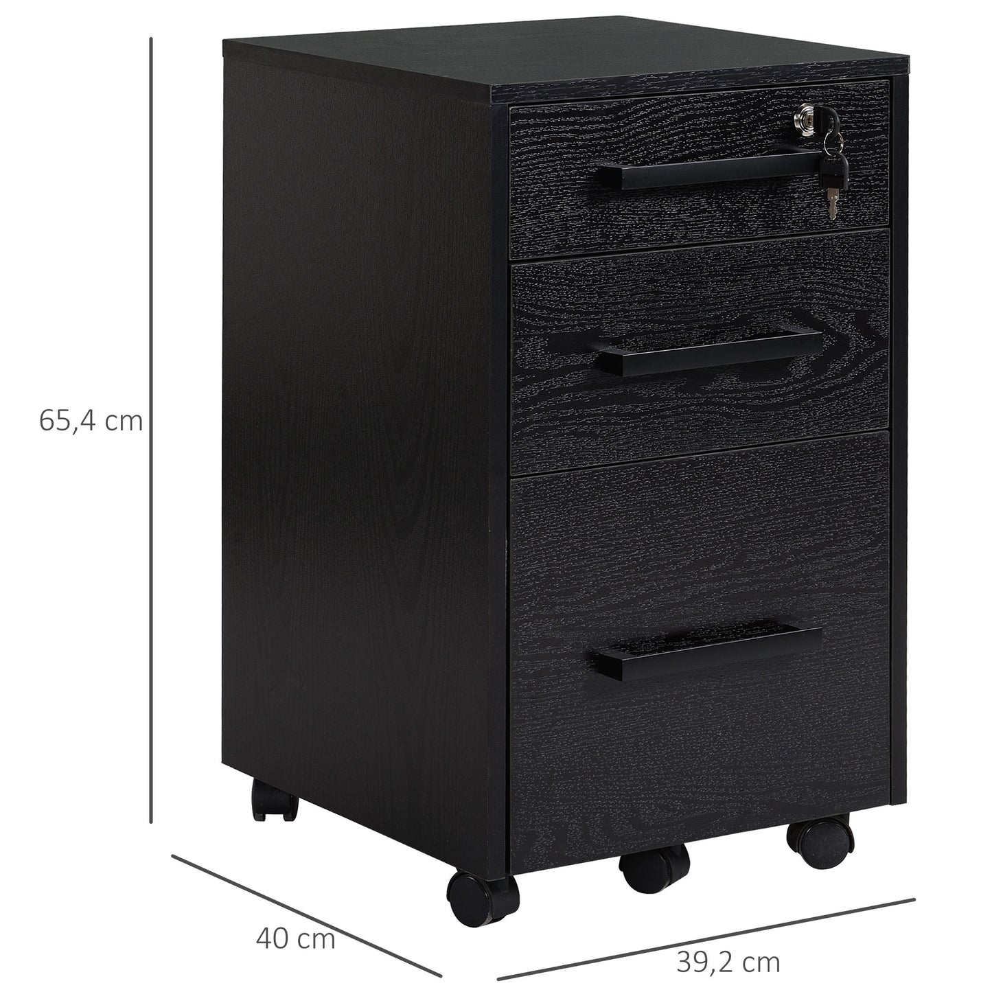 bureaukastje – ladekastje – opbergkast – rolcontainer – bureau-organizer – 3 lades met slot – verrijdbaar met wieltjes – MDF zwart – compact design 39x40x65 cm