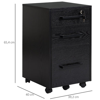 bureaukastje – ladekastje – opbergkast – rolcontainer – bureau-organizer – 3 lades met slot – verrijdbaar met wieltjes – MDF zwart – compact design 39x40x65 cm