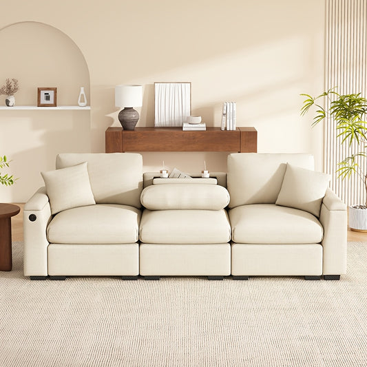 Vouwbare Bank – Slaapbank – Zitbank – Sofa – Bedbank – Chenille Bekleding – Opbergruimte – Inklapbare Tafel – Drankhouder – Beige – Compact Voor Kleine Ruimtes