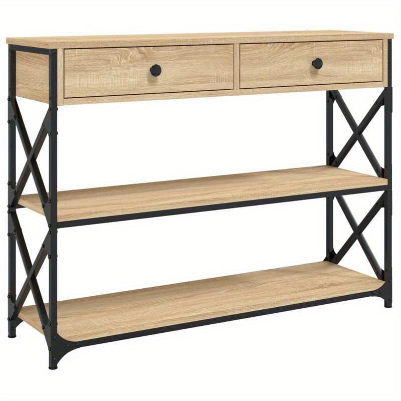 Sidetable – Wandtafel – Opbergmeubel – Halmeubel – Wandtafel Sonoma Eiken Bruin – 3 Lagen – Stijlvolle Zwarte Metaal Frame