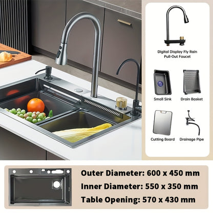 Keukenkraan – Spoelbak – Mengkraan – Keukenmengkraan – Uittrekbare Kraan – Roestvrij Staal – Digitale Watervalkraan – Rechte Afvoer – Geborsteld Goud – Moderne Inbouw