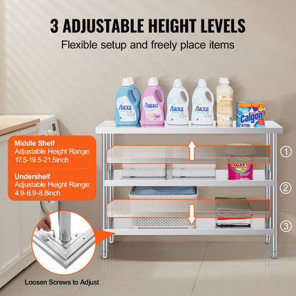 Roestvrijstalen Werktafel – RVS Werkbank – Keukentafel – Opbergtafel – Werkbank Garage – 14 x 48 Inch – 2 Verstelbare Planken