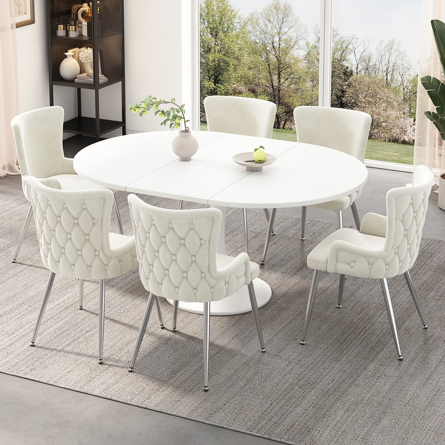 Eetkamerstoel Set – Stoel – Zetel – Dinerstoel – Kruk – Luxe Beige Bekleding – Metalen Frame – Stevige Zilveren Poot – Gemakkelijk Schoon Te Maken