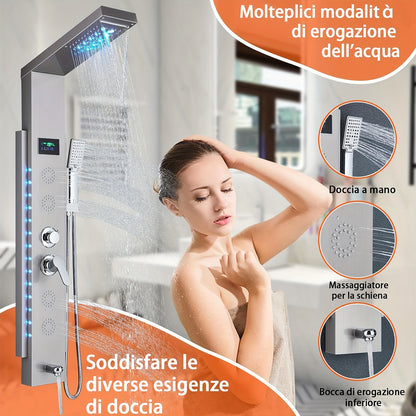 Stainless Steel Shower Column Shower Tower with Shower Mixer Tap, 7 Shower Modes:Rain And Waterfall Shower, 4 Body Massage Jets, 3 Modes Handheld Shower And Bathtub Spout, Brushed Nickel Shower Panel, Shower Sets For Bathroom