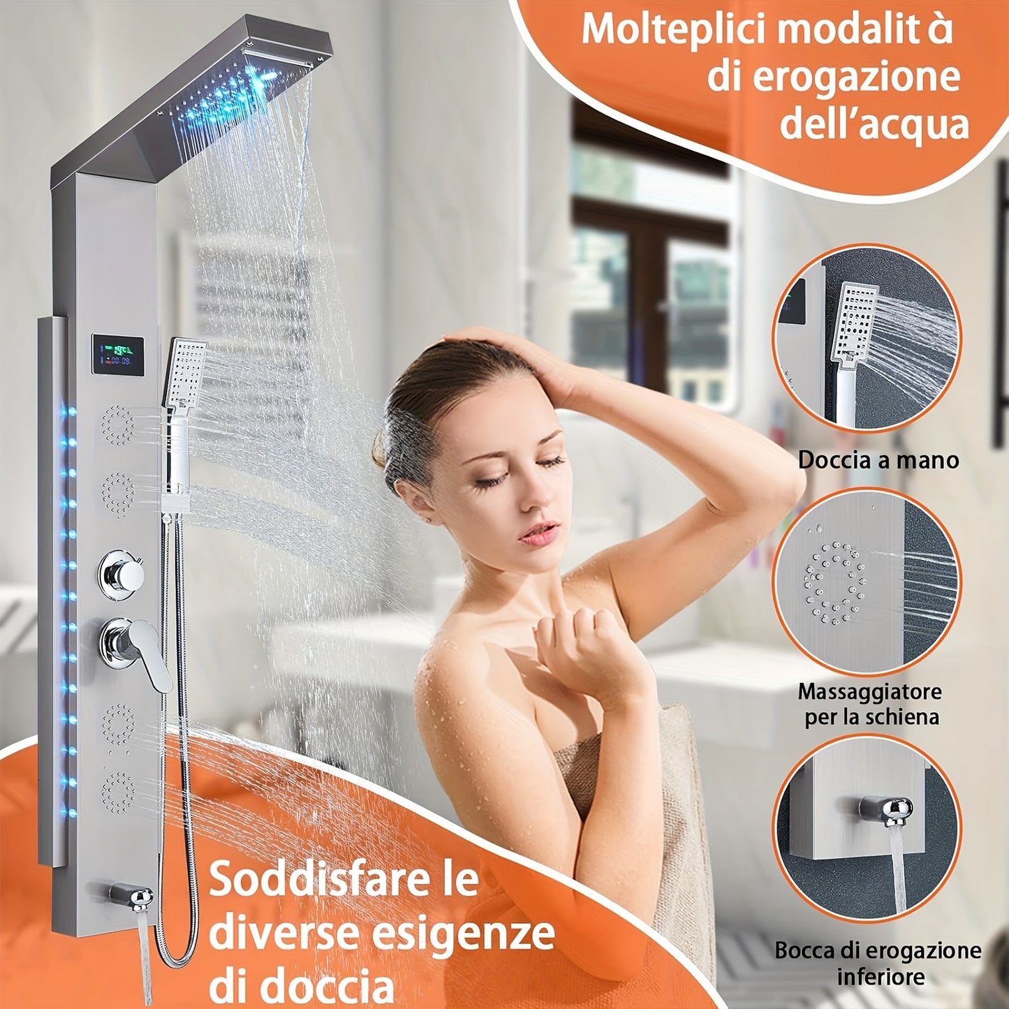 Stainless Steel Shower Column Shower Tower with Shower Mixer Tap, 7 Shower Modes:Rain And Waterfall Shower, 4 Body Massage Jets, 3 Modes Handheld Shower And Bathtub Spout, Brushed Nickel Shower Panel, Shower Sets For Bathroom