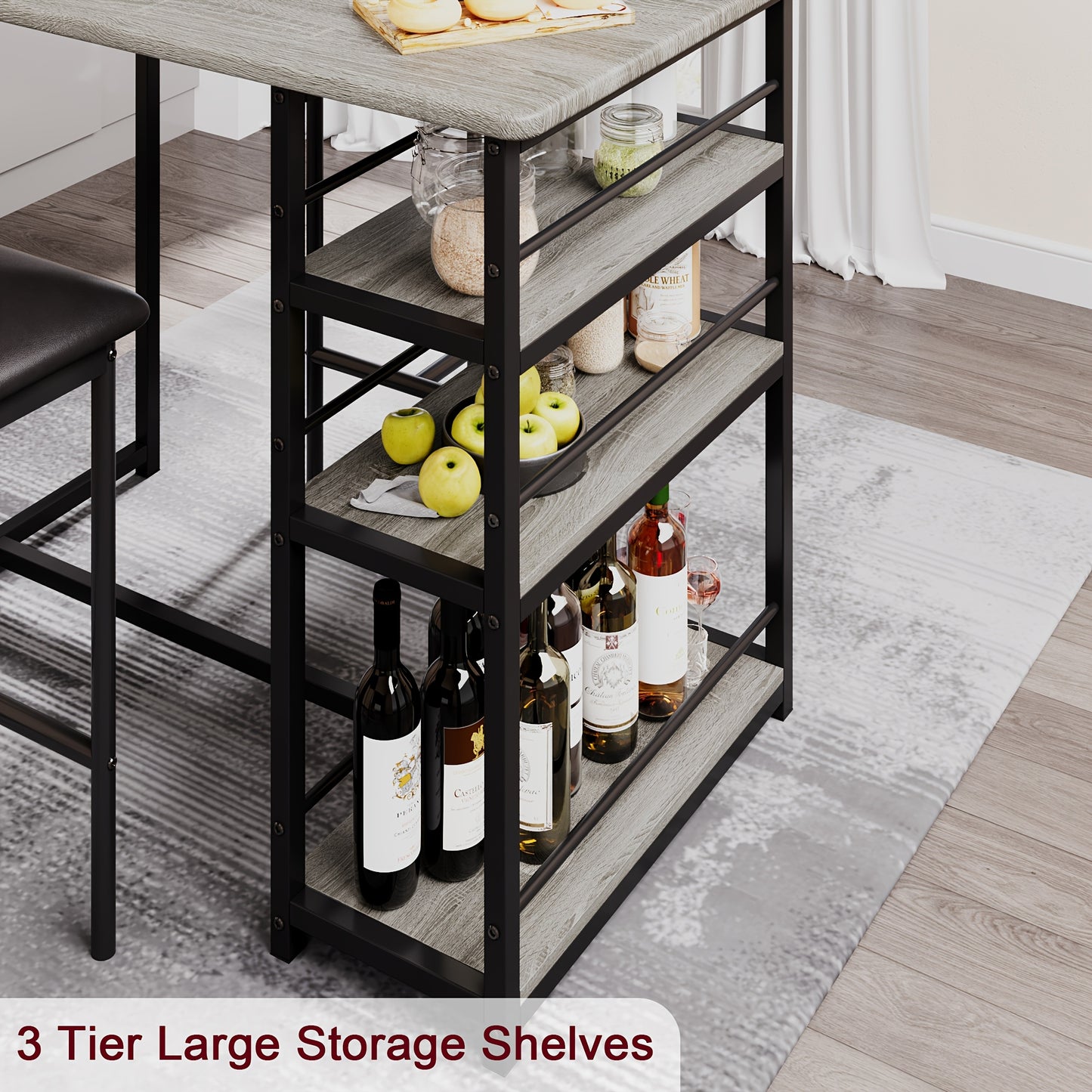 Eettafelset – Keukentafelset – Eetkamerset – Tafeltje Met Stoelen – Barkrukken – Compact Design – Gestoffeerde Barkrukken – Metaal En MDF – Rustiek Grijs