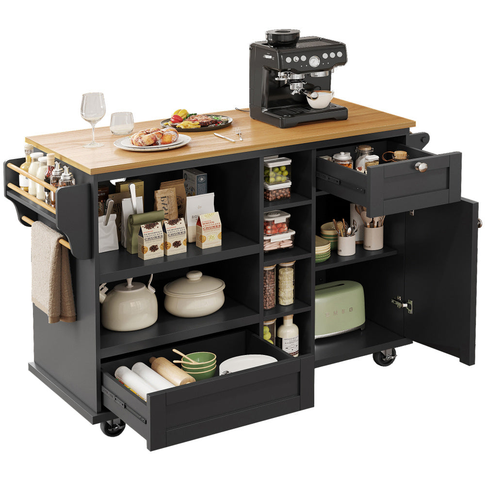 Keukeneiland – Keukenwagen – Keukentrolley – Mobiel Keukeneiland – Keukenkar – Mobiel Opbergrek – Wieltjes – MDF Werkblad – 129x46x92 cm – Zwarte Basis met Lichtbruin Werkblad