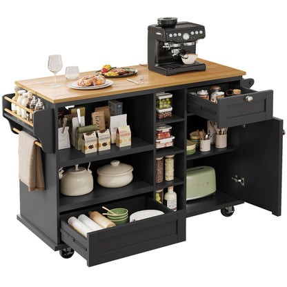 Keukeneiland – Keukenwagen – Keukentrolley – Mobiel Keukeneiland – Keukenkar – Mobiel Opbergrek – Wieltjes – MDF Werkblad – 129x46x92 cm – Zwarte Basis met Lichtbruin Werkblad