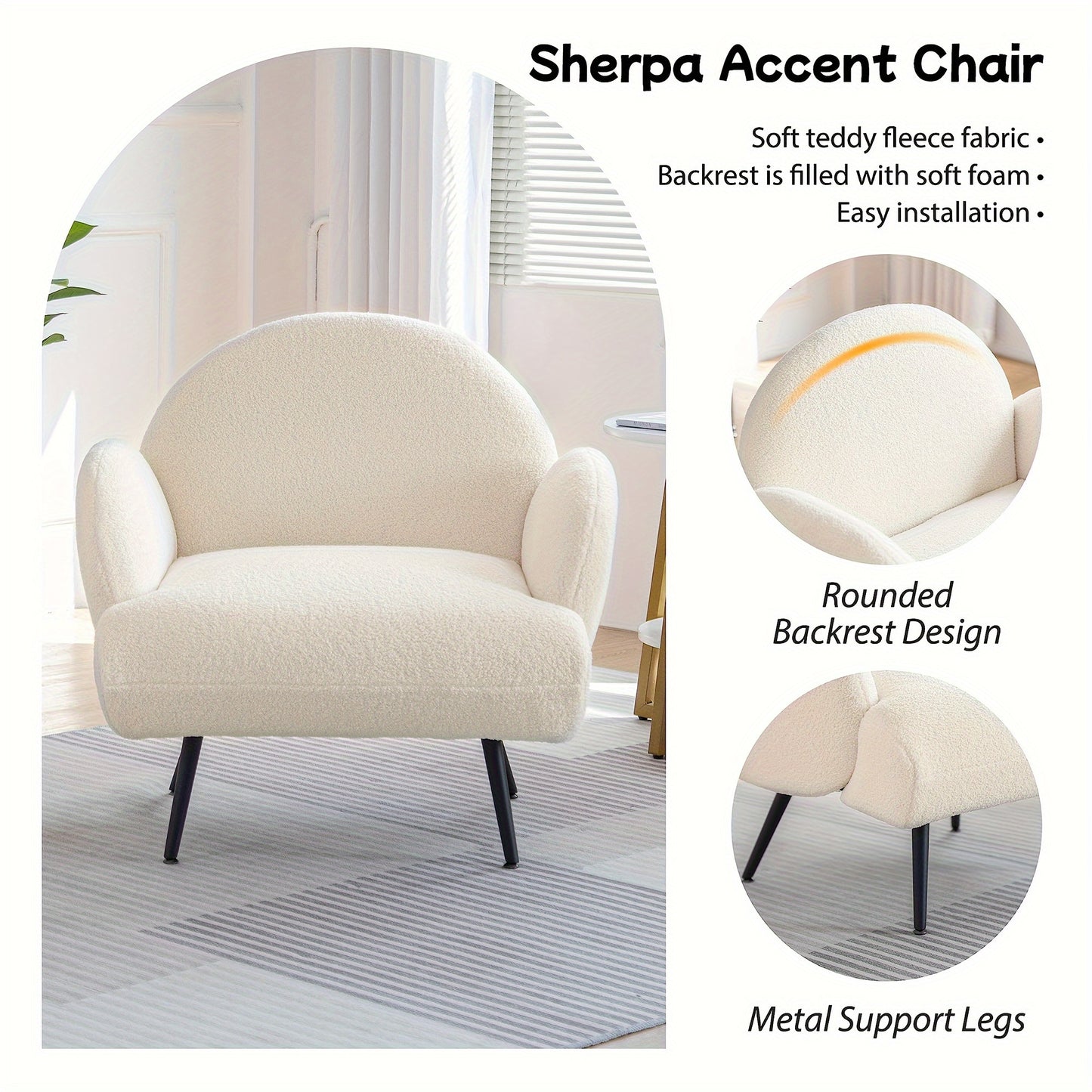 Sherpa Fauteuil – Fauteuil – Leunstoel – Leesstoel – Zithoekstoel – Wit – Zachte Teddy Stof – Zwarte Metalen Poten
