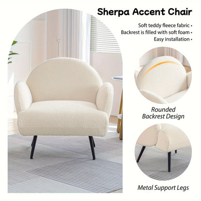 Sherpa Fauteuil – Fauteuil – Leunstoel – Leesstoel – Zithoekstoel – Wit – Zachte Teddy Stof – Zwarte Metalen Poten