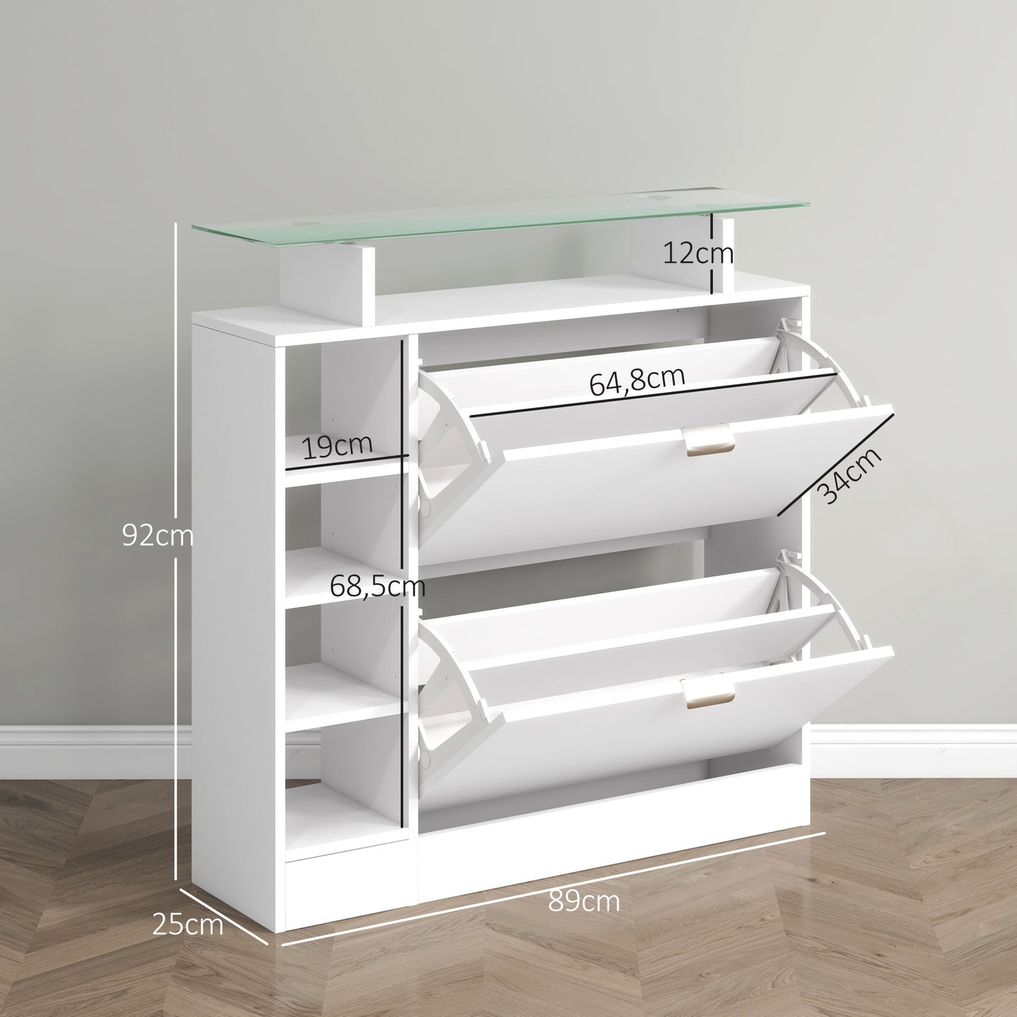Schoenenkast – Schoenopberger – Schoenrek – Schoenenschuifkast – Schoenentoren – Wit – 2 Kantelbare Laden – Verstelbare Planken