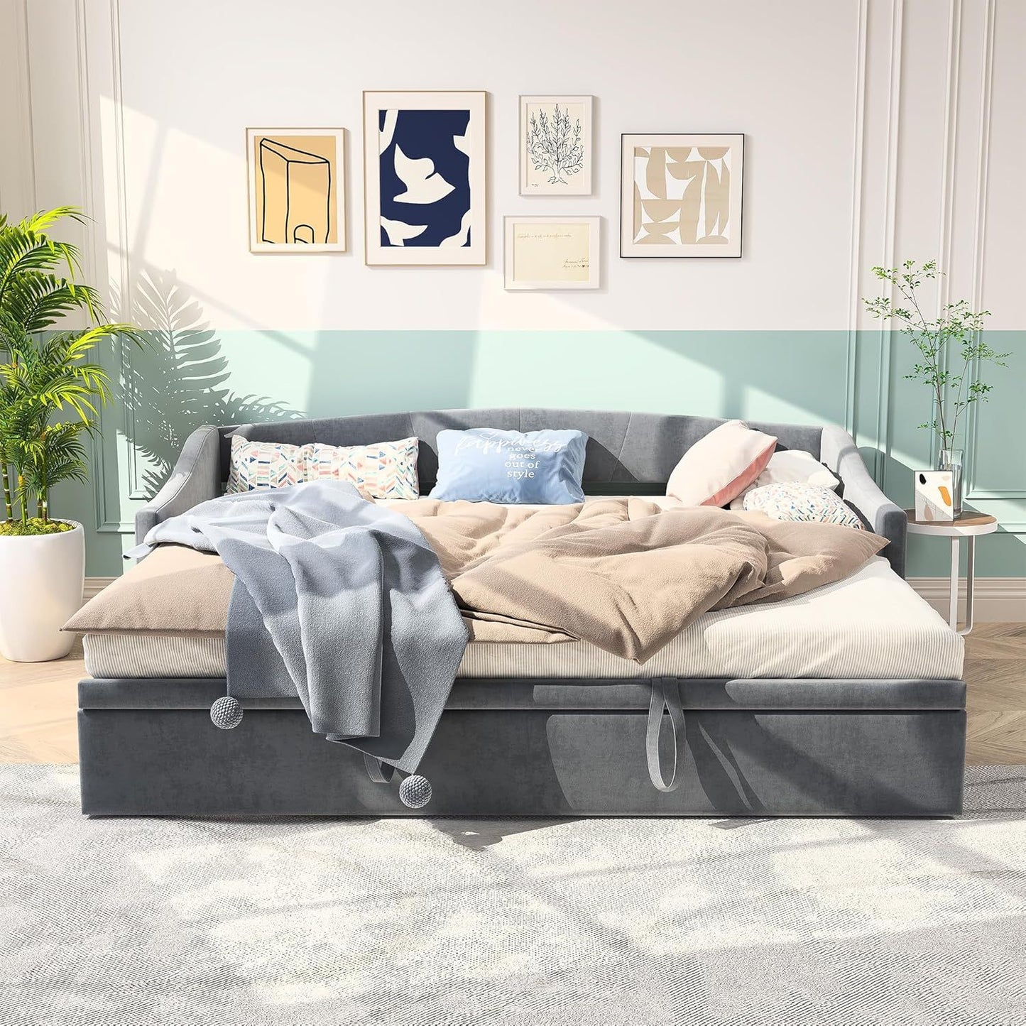 Slaapbank – Bedbank – Logeerbed – Sofa met slaapfunctie – Tweepersoonsbed – Fluwelen bekleding – 90x200 cm – Houten lattenbodem – Eenvoudige montage