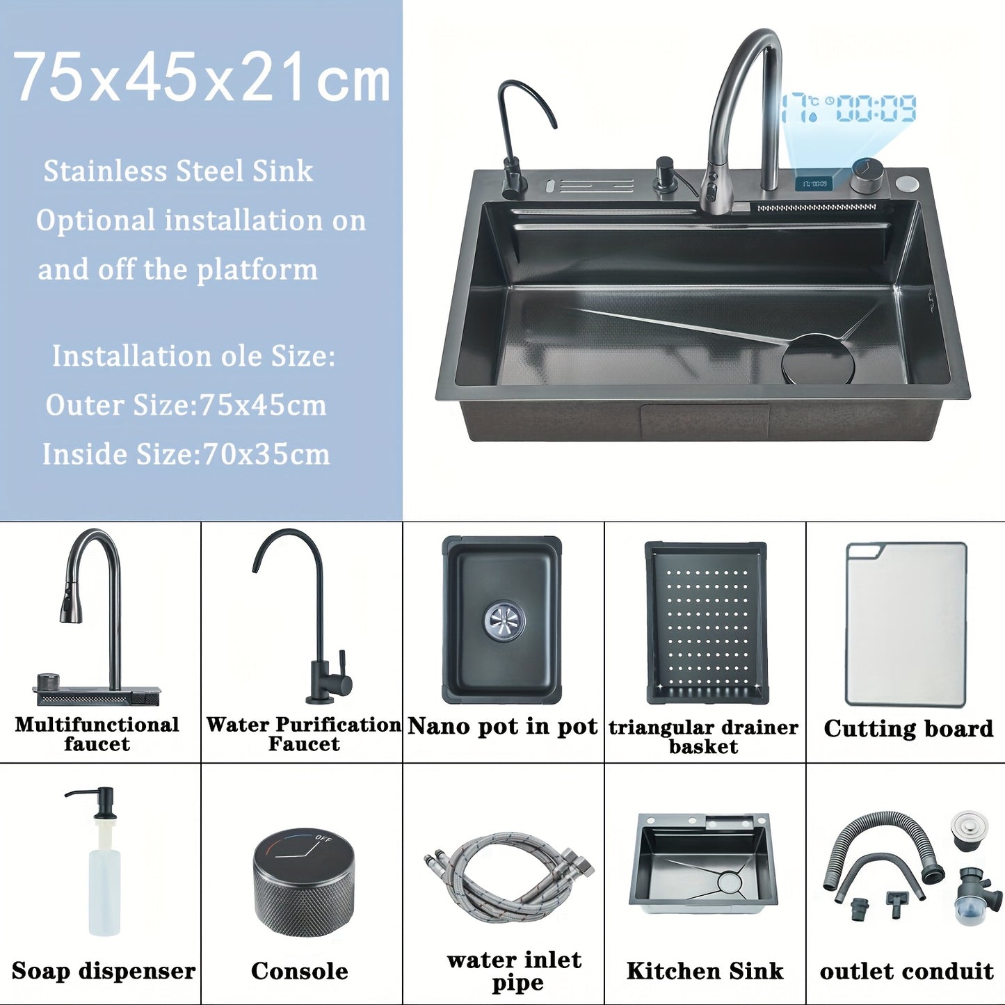 keukenspoelbak – spoelbak – gootsteen – wasbak – keukenbak – RVS multifunctioneel – watervalrand – drop-in installatie – met zeeppomp en bekerhouder – grijs
