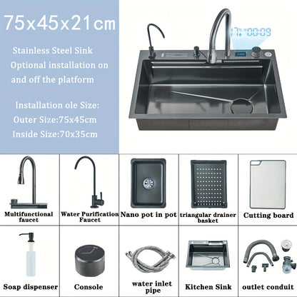 keukenspoelbak – spoelbak – gootsteen – wasbak – keukenbak – RVS multifunctioneel – watervalrand – drop-in installatie – met zeeppomp en bekerhouder – grijs