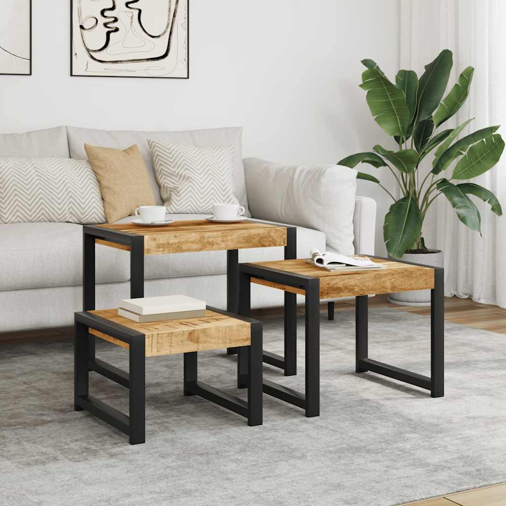 Set Van 3 Tafels – Bijzettafel – Nachtkastje – Salontafel – Tafel – Massief Mangohout – Stalen Frame – Ruimtebesparend – Uniek Bruin