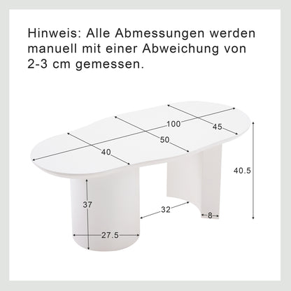 Modern White Curved Coffee Table - 100cm Long Irregular Oval/oval-like (not a true oval) Tabletop, Space-Saving Sturdy Metal-Free Assembly Design, Low-Maintenance White Finish, Large Living Room Center Table for Sofa & Bedsid