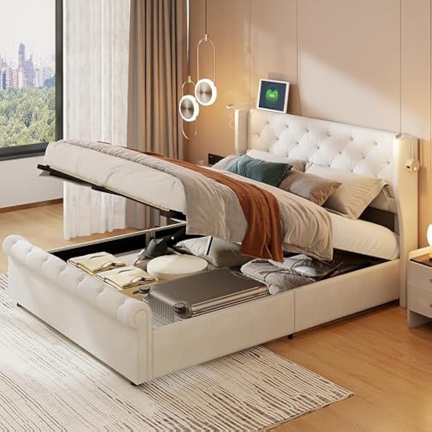 Opbergbed – Gestoffeerd Bed – Tweepersoonsbed – Bedkoffer – Opbergmeubel – 140x190 cm – Off-white Velvet – Hydraulisch Systeem & USB Leeslamp