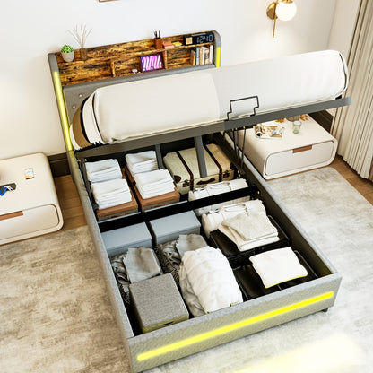 Modern Upholstered Double Bed Frame with Hydraulic Storage & LED Headboard - Lift-Up Platform Bed Suitable for Small Spaces, Grey Bed 140x200cm, Easy Assembly (No Mattress Included)