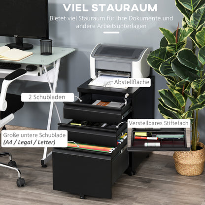Rollcontainer – Ladenkast – Archiefkast – Bureaukast – Opbergkast – Zwart Stalen Bureaukast – 3 Laden Met Centrale Vergrendeling – 4 Zwenkwielen, Compact 39x48x60 cm