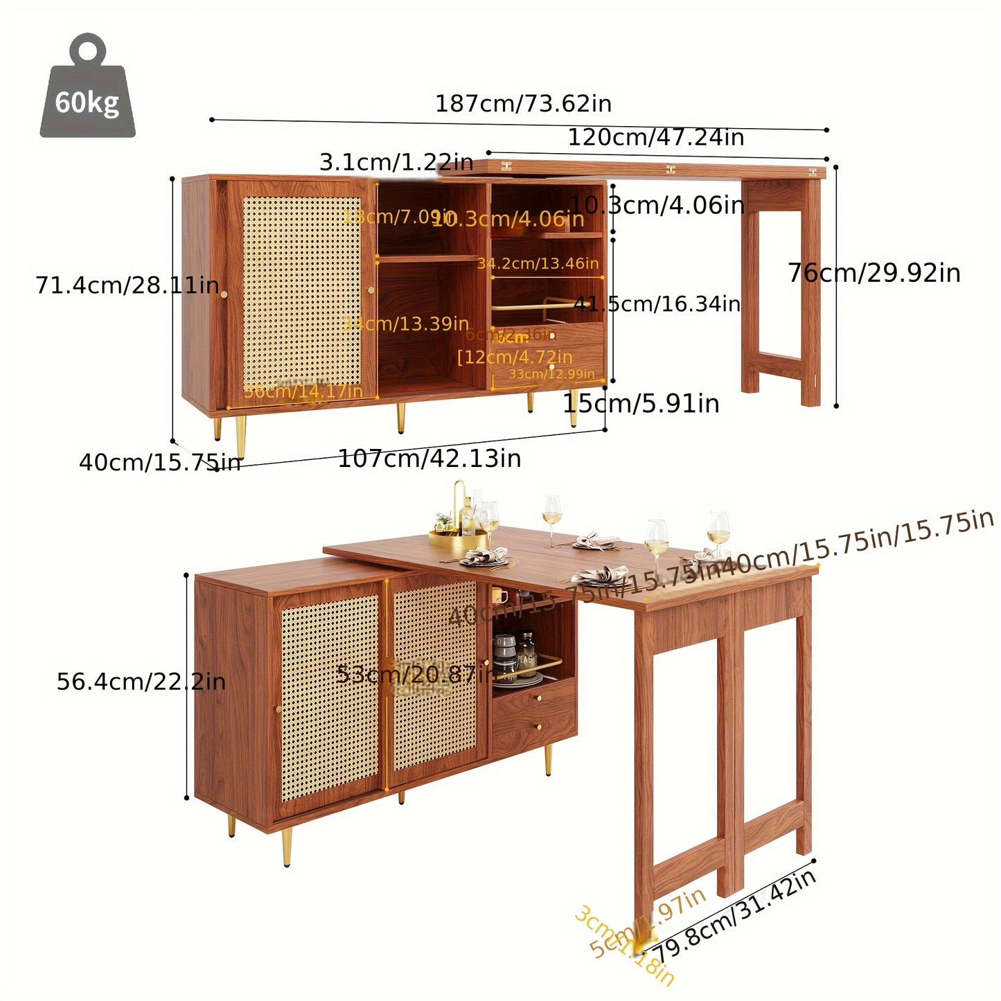 Bartafel – Bartafelset – Statafel – Keukentafel – Bistrotafel – 360° Draaibaar – Uitschuifbaar Ontwerp – Hout & MDF – Rattan Opbergruimte – Bruin – Compacte Afmetingen (107x40x71,4 cm)