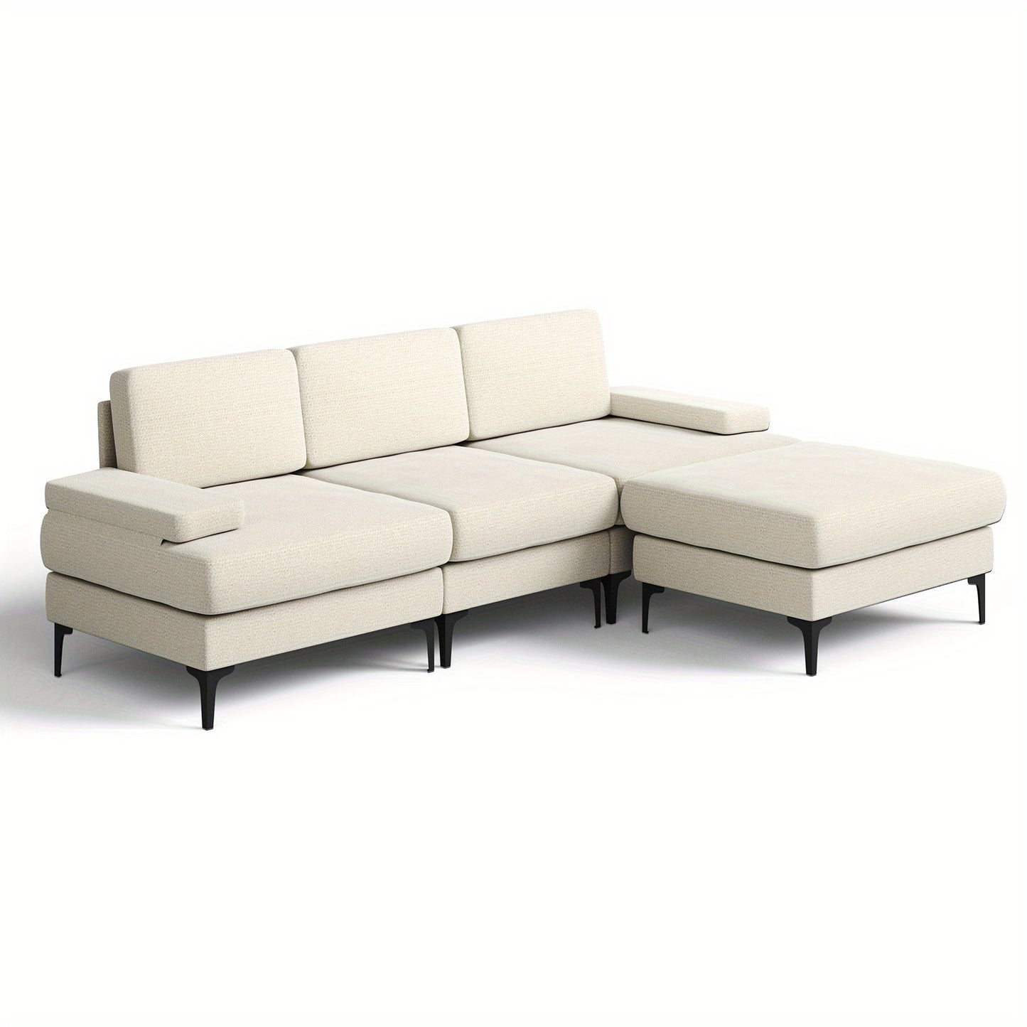 3-zits L-vormige hoekbank – hoekbank – slaapbank – zitbank – loungesofa – Beige – Verstelbaar Met Opberghocker – Hardhouten Frame Met Makkelijk Schoon Te Maken Stof