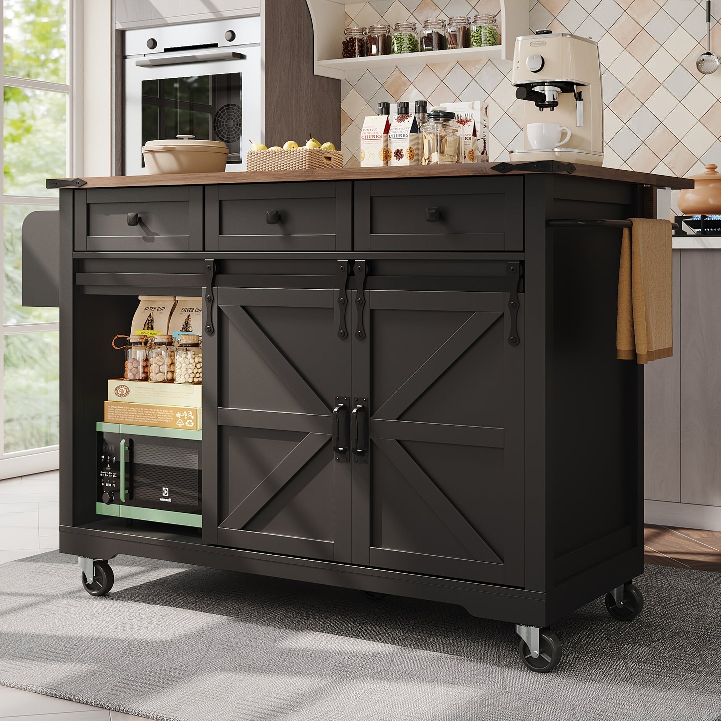 Mobiele Keukentrolley – Keukenwagen – Serveertrolley – Keukenkast – Werktafel – Zwart – Uittrekbaar Werkblad – Vergrendelbare Wieltjes