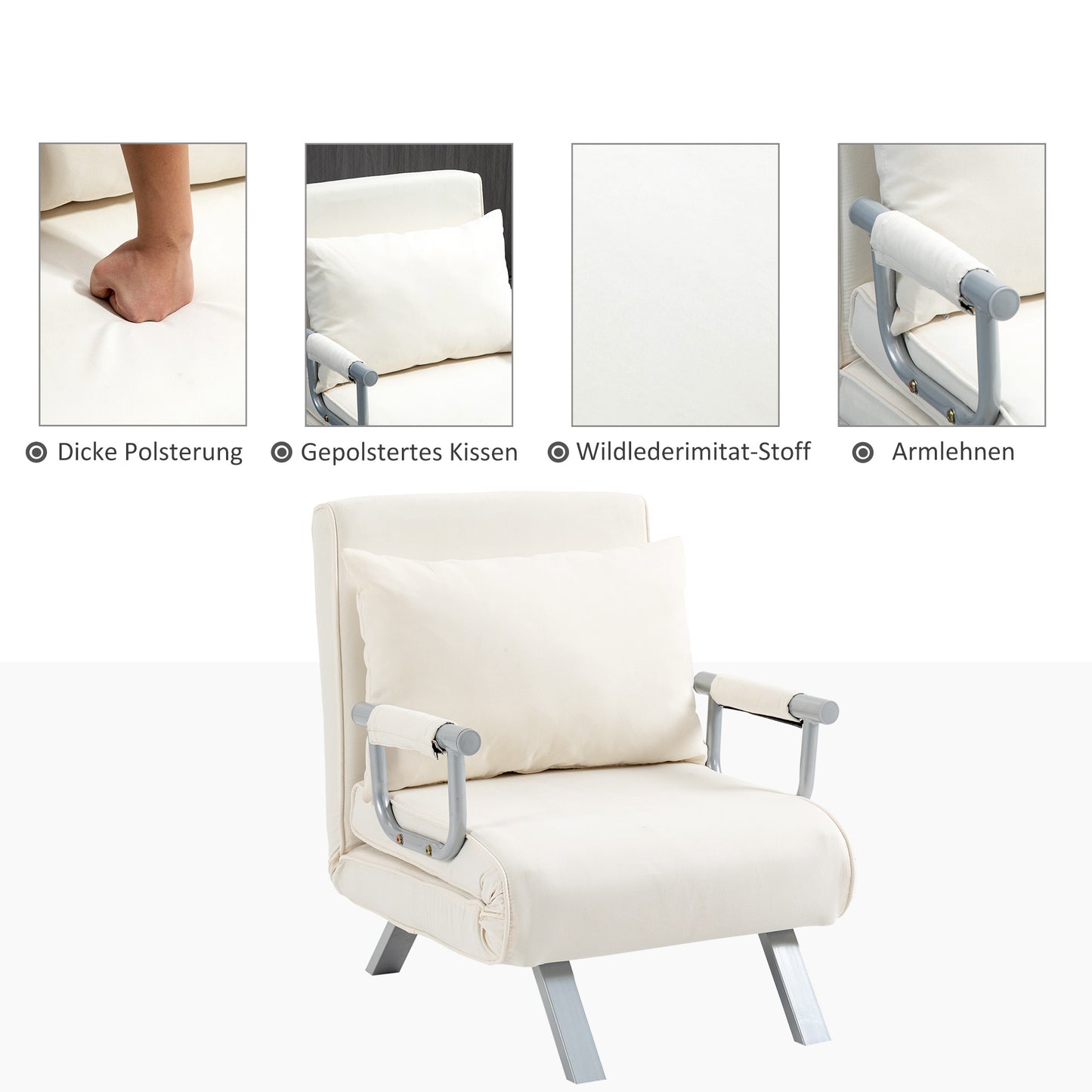 Relaxfauteuil – Relaxstoel – Leunstoel – Ligstoel – Logeerstoel – Crème Wit – Handmatig Verstelbaar – Compact Formaat