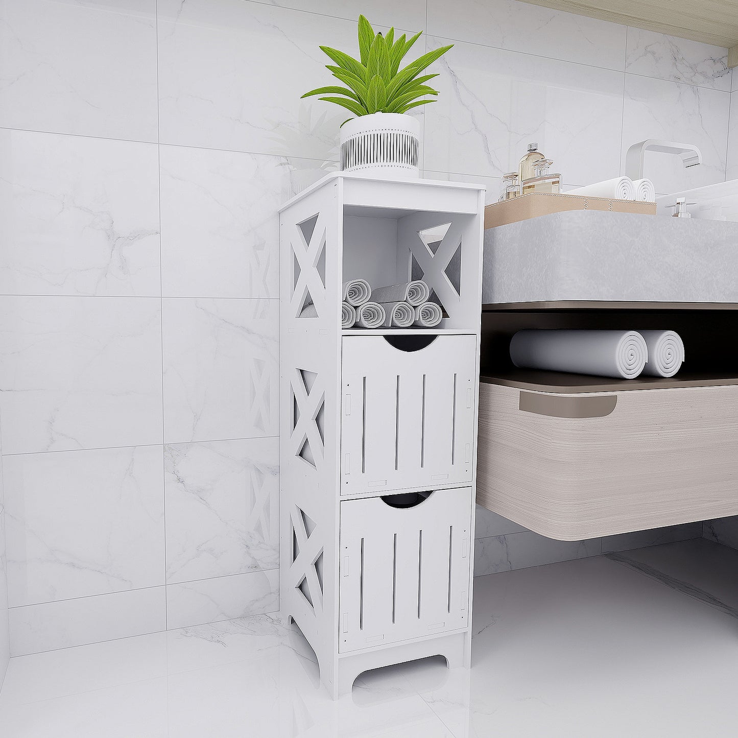 Badkamerkast – Opbergkast – Badkamermeubel – Kast Met Laden – Smalle Kast Wit – Compact 89x30x30 cm – Vochtbestendig Kunststof
