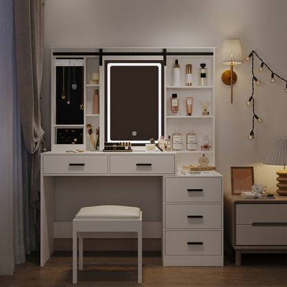 Jewelry Cabinet, Dressing Table with Adjustable LED Lights, Accessory Storage, Removable Large Mirror, with Jewellery Storage, Open Shelves, 5 Drawers, with Beside Table, for Bedroom, White, Jewelry Armoires, Mirror With Jewe - QUORE
