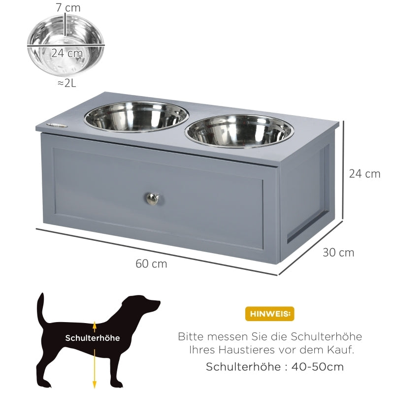 Hondenvoerbak – Voerstation – Voerbakken – Drinkbak – Voerkom – Verhoogde Voerstandaard – 2 Roestvrijstalen Kommen 2L – Met Opberglade Grijs 60x30x24 cm