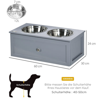 Hondenvoerbak – Voerstation – Voerbakken – Drinkbak – Voerkom – Verhoogde Voerstandaard – 2 Roestvrijstalen Kommen 2L – Met Opberglade Grijs 60x30x24 cm