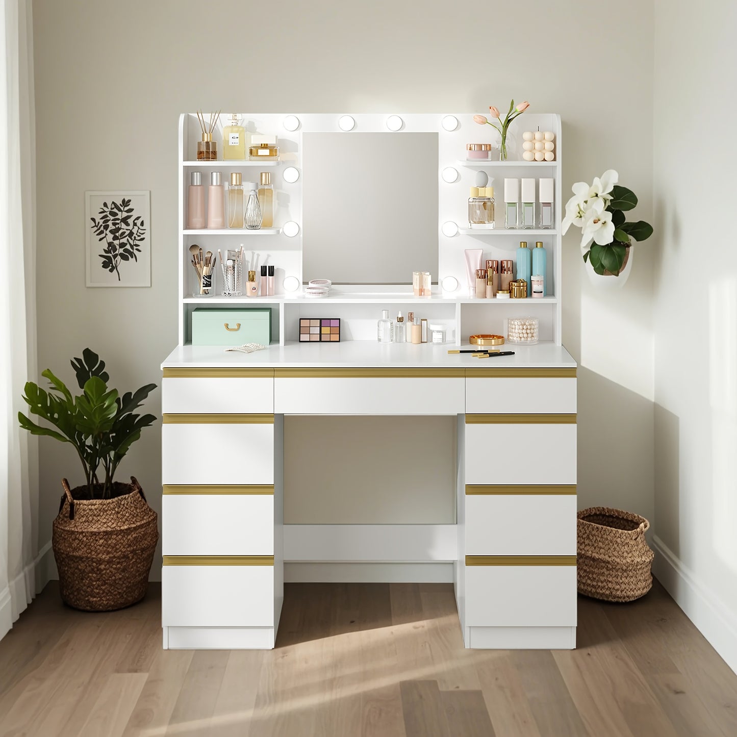 Kaptafel – Make-up Tafel – Schminktisch – Beauty Tafel – Vanity – Grote HD Spiegel – Verstelbare LED Verlichting – 1 Grote Lade & 8 Kleine Laden – 9 Open Schappen – Wit Goud Variant