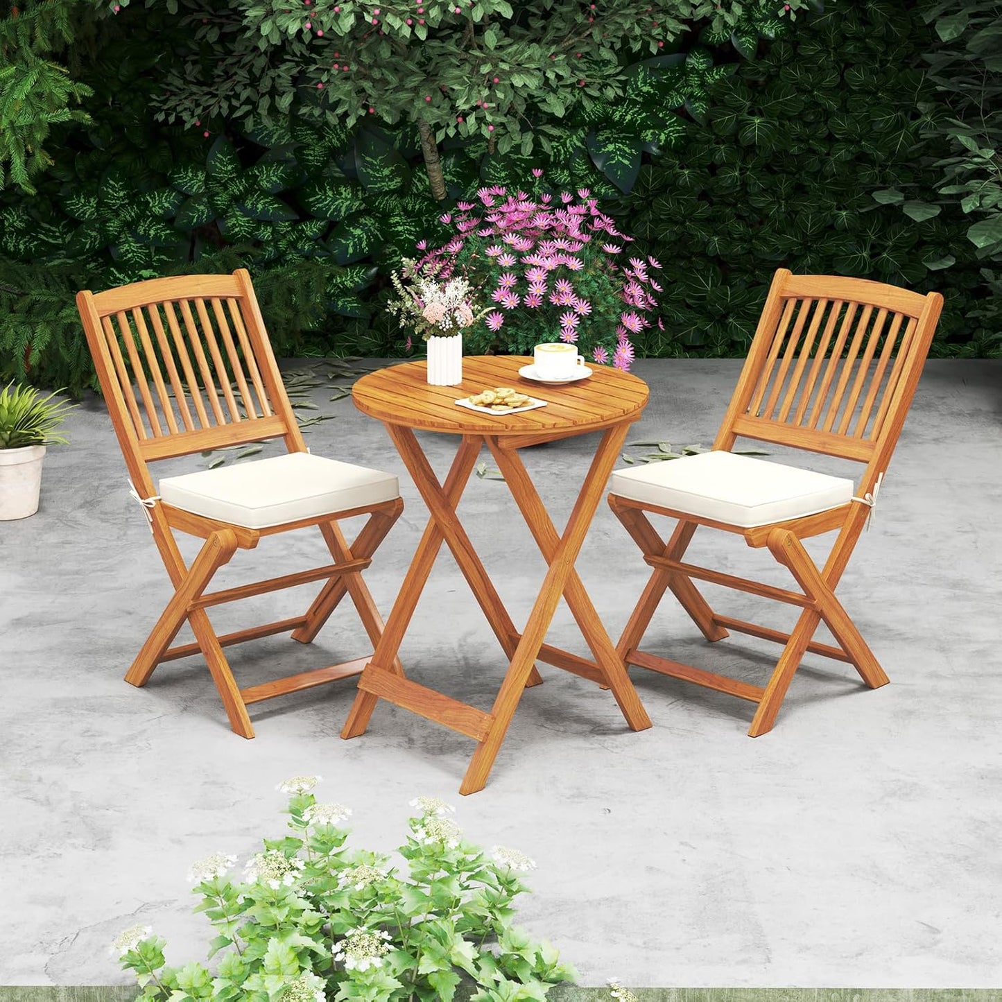3-delige Bistro Set – Tuinset – Balkonset – Terrasmeubilair – Opklapbare Stoelen – Acaciahouten Frame – Comfortabele Kussens – Compact Opvouwbaar Design
