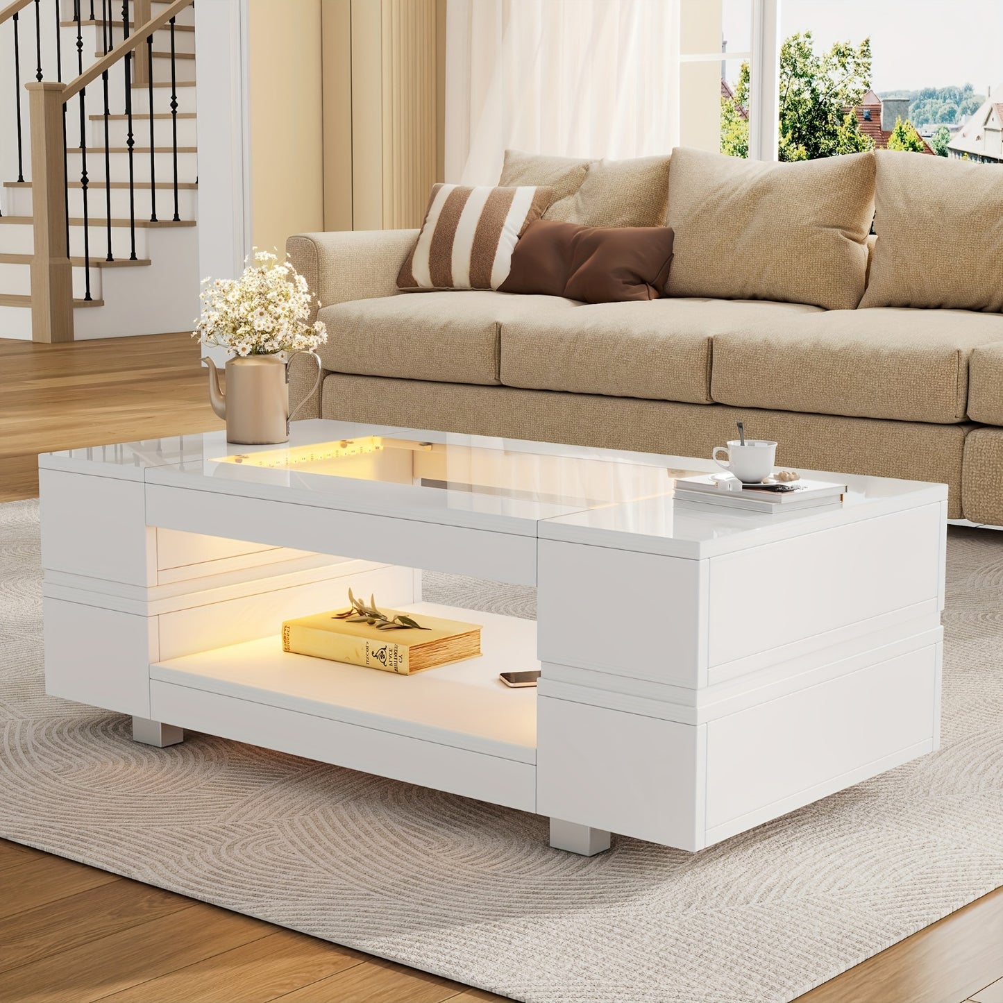 Witte Salontafel – Koffietafel – Bijzettafel – Tafel – Lounge Tafel – Moderne Open Opbergruimte – Duurzaam Bamboe – Compact & Laag (<69 cm)