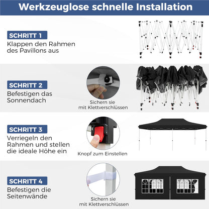 Paviljoen – Tuinpaviljoen – Partytent – Tenten – Evenementen Tent – 3 x 6 m – Waterdicht Oxford Stof met UV-bescherming 50+ – Inclusief 6 Zijwanden en 6 Zandzakken – Zwart