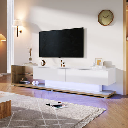 Tv meubel – TV-kast – Media meubel – Entertainmentmeubel – Dressoir – Hoogglans wit & houtlook – 2 lades en open planken