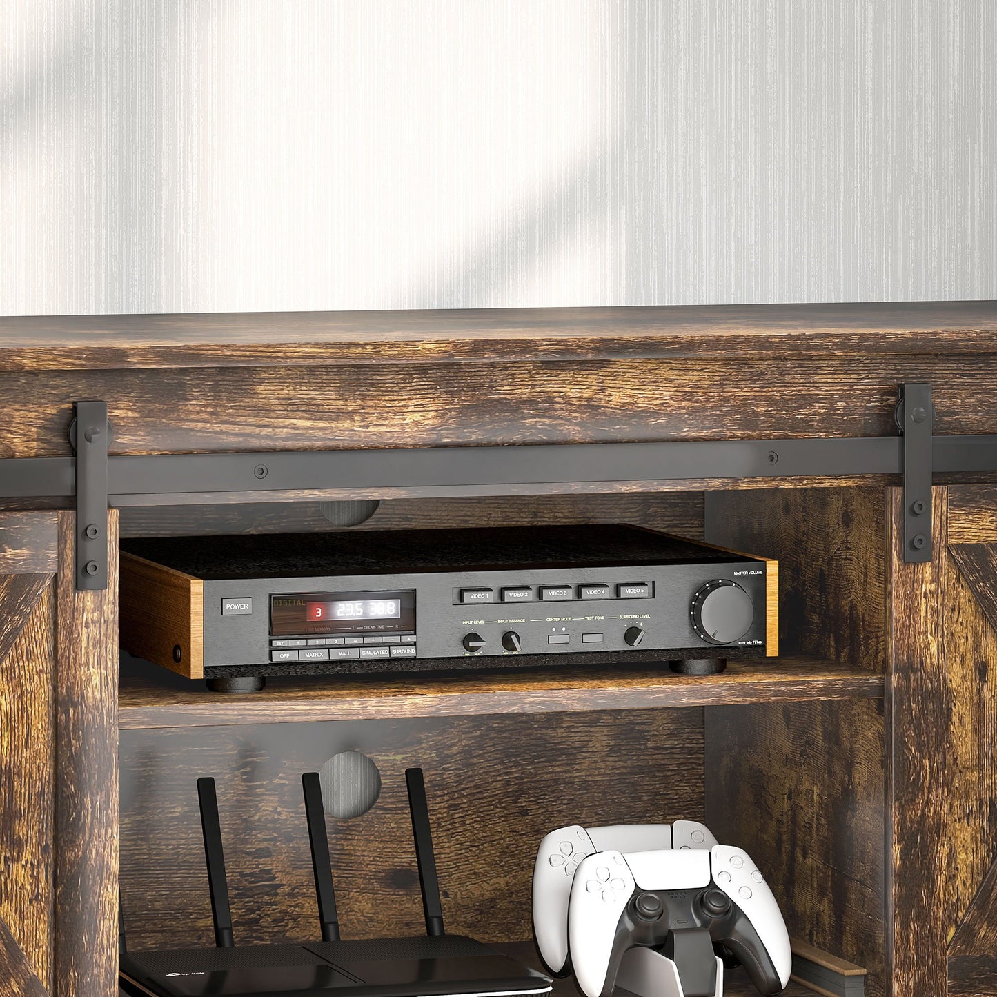 Tv meubel – TV-kast – TV-meubel – Lowboard – Media meubel – Industrieel design – Geschikt tot 60 inch – 6 opbergvakken met 2 schuifdeuren