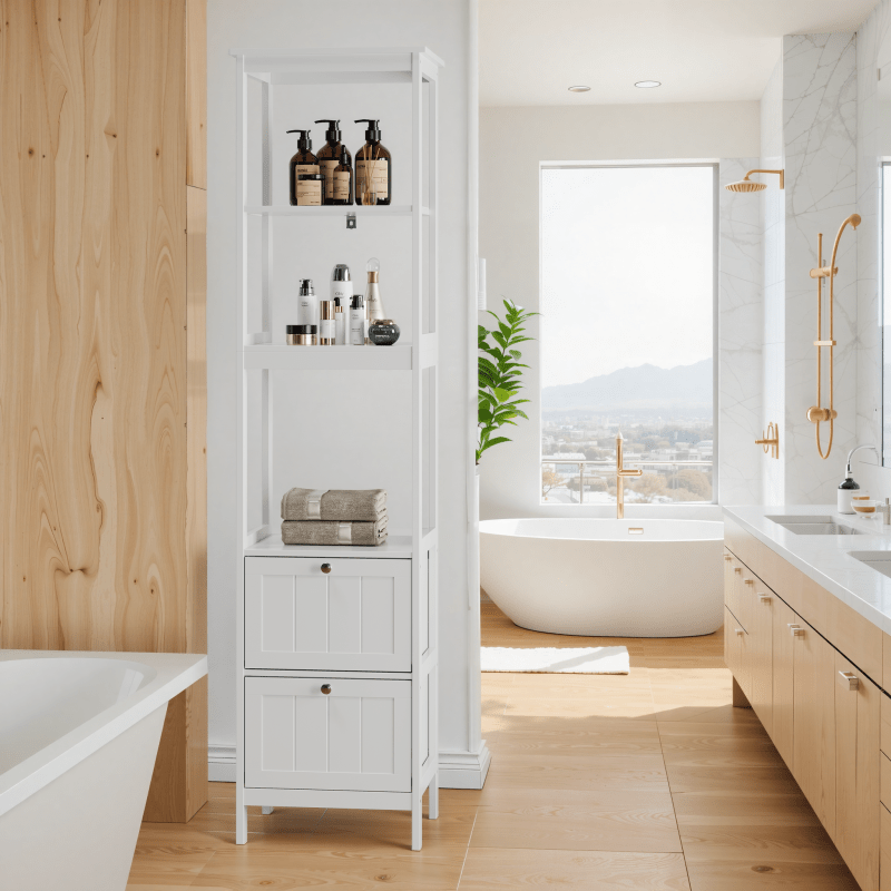 Slank Hoog Kastje – Smalle Opbergkast – Verticale Badkamerkast – Smal Meubel – Waskamer Rek – Wit MDF – 2 Lades & 3 Planken – Ruimtebesparend Ontwerp – Eenvoudige Montage