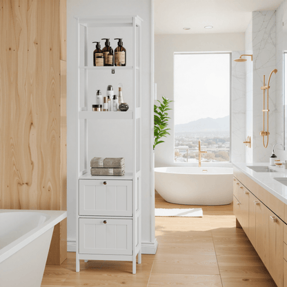 Slank Hoog Kastje – Smalle Opbergkast – Verticale Badkamerkast – Smal Meubel – Waskamer Rek – Wit MDF – 2 Lades & 3 Planken – Ruimtebesparend Ontwerp – Eenvoudige Montage